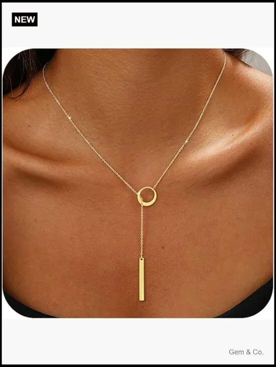 Layered Dainty 14k Gold Plated Lariat Necklace 18in, Non Tarnish Drop