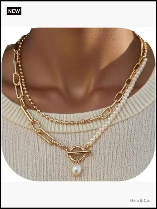 Layered Pearl Chain Necklace with Toggle Clasp, 14K Gold Plated, Trendy Dainty
