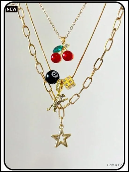 3pcs Cherry 8-Ball Necklace Set Y2K Punk Charm Pendant Stackable Layered Chains