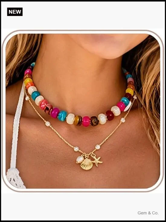 Boho Chunky Beaded Necklace, Lightweight Resin Statement Jewelry, Summer Beach
