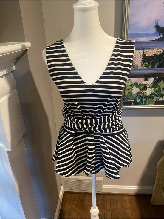 J. Crew Navy and White Striped V-Neck Peplum Tunic. Fabulous! Adjustable.