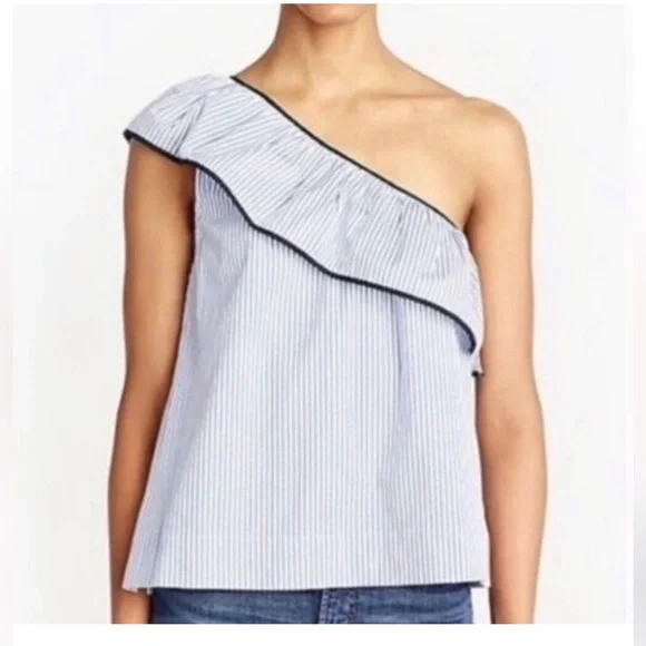 J. Crew One-Shoulder Blue White Pinstripe Ruffle Preppy Summer Coastal Top 2