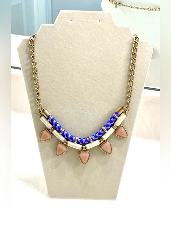 J. Crew Gold-Tone Necklace with Blue Threading and Blush Teardrops