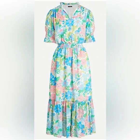 NWT J.Crew size S smocked ruffle midi dress in fairy floral