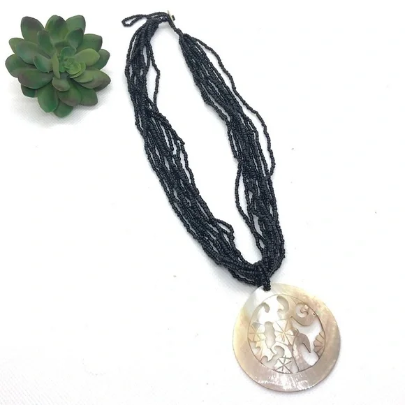 Black Beaded Floral Abalone Shell Necklace