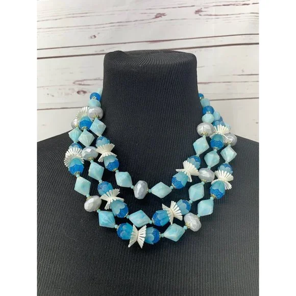 50's Japan Signed Women's 3-Strand‎ Blues Beaded Necklace