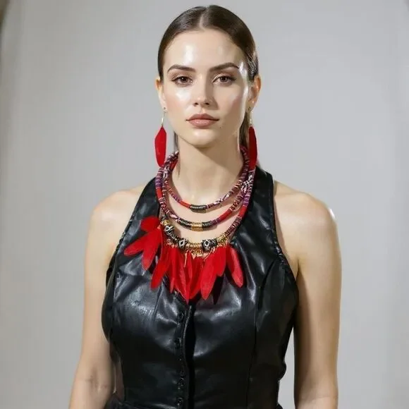 Boho Western Red Feather Multilayer Necklace Feather Earrings Set - NEW