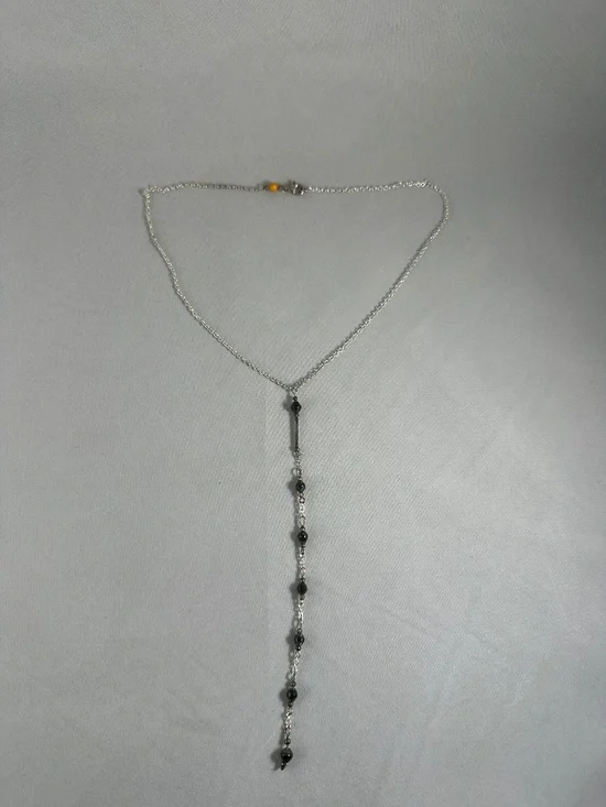 Black Crystal Beaded Lariat Y-Necklace with Silver Bar Accent