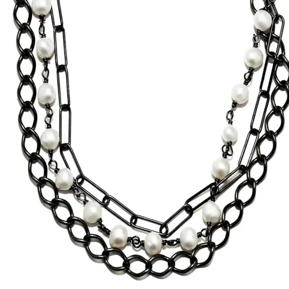 Messy Layered Pearl Necklace Gunmetal Black Rhodium Plated Sterling Silver