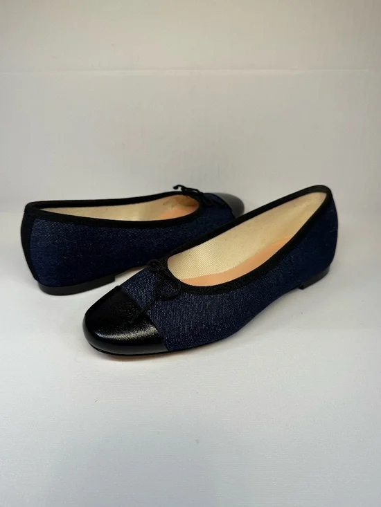 J.Crew Denim Ballet Flats Black Leather Cap Toe Bow Shoes Women's Size 9