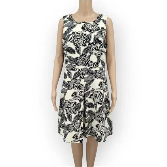 J Crew Women Sleeveless Polynesian Floral Print Dress Ivory Black A-Line Cotton