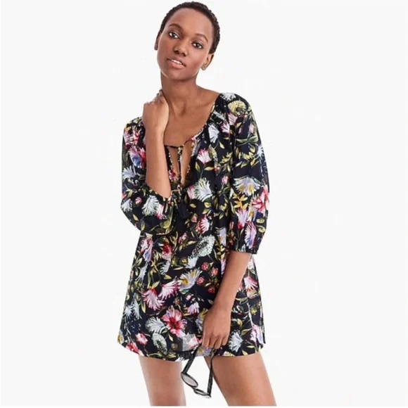 J. Crew L K5050 scoop neck tassel tie floral tunic beach dress coverup