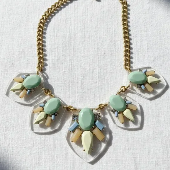 J Crew Goldtone Necklace Sage Green Baby Blue Clear Acrylic transparent