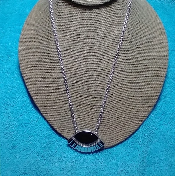 Silvertone fan shape crystal black chain necklace