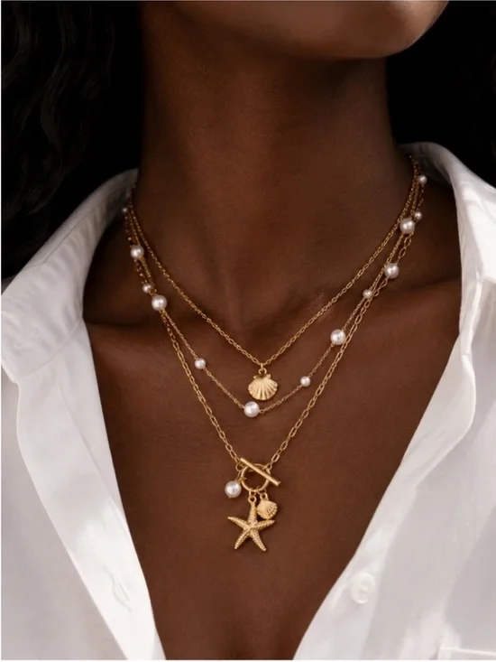 New! Coastal Preppy Gold Shell Pearl Necklace Stack Set NWOT 5008