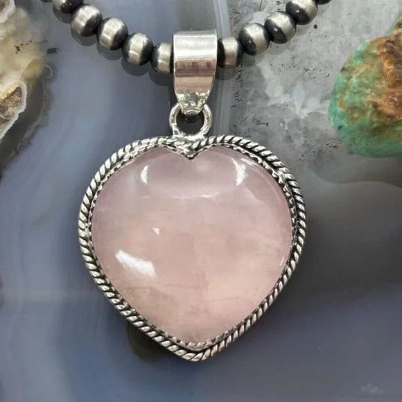 Sterling Silver Southwestern Style Rose Quartz Heart Pendant For Women