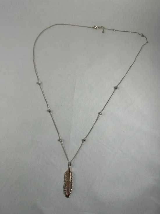 Boho Long Feather Pendant Necklace with Station Bead Accent Chain