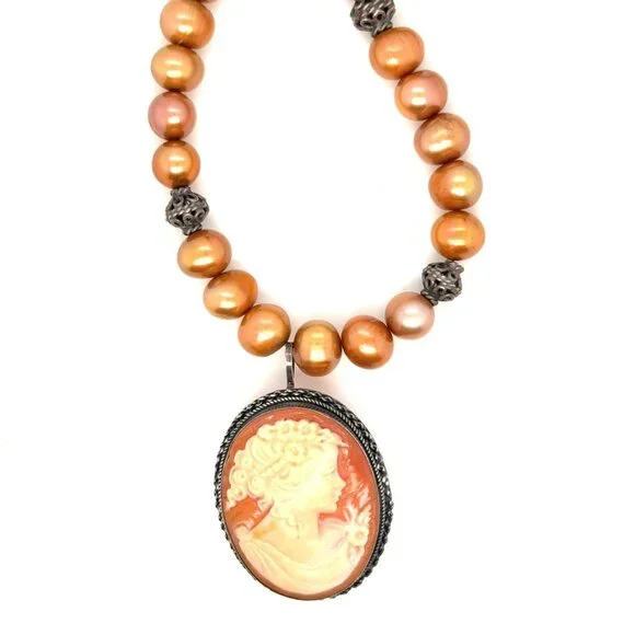 Signed‎ 925 Silver Cameo Beaded Necklace