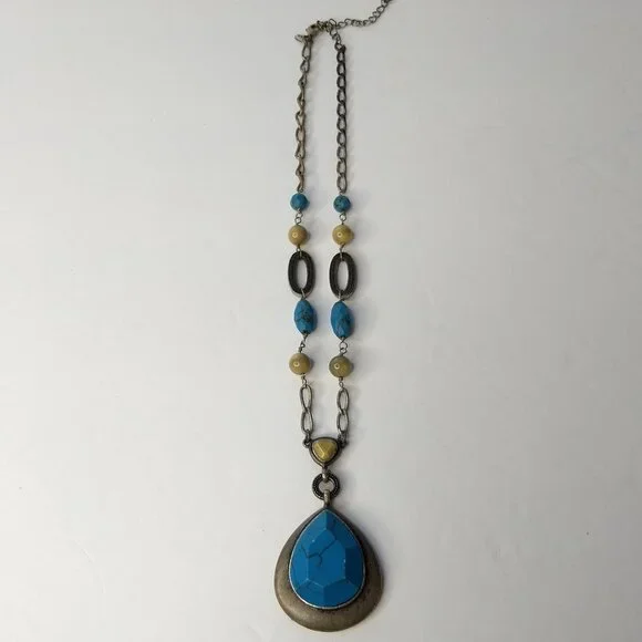 Lia Sophia Blue Faceted Pendant Necklace Silver Tone Mustard Stones Links Y2K