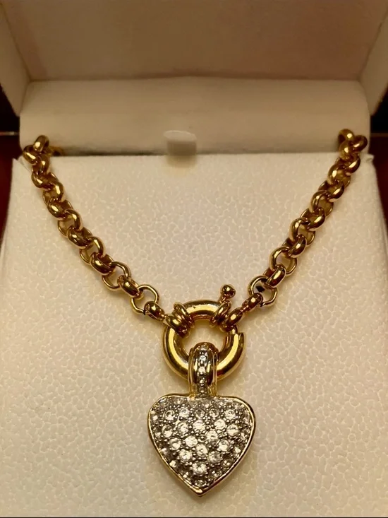 New Gold Heart Pendant Necklace with Pavé Crystals