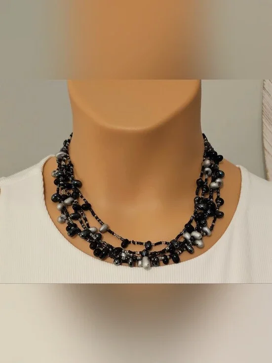 Multi-Strand Black & Silver Beaded Necklace - Women Jewelry