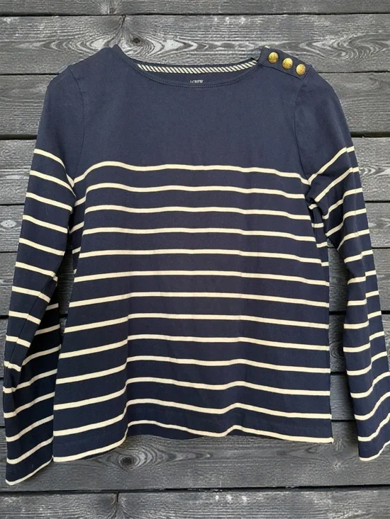 J. Crew Navy and Cream Striped Long Sleeve Top with Gold Buttons