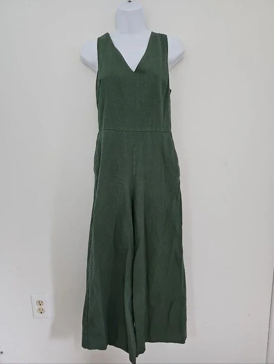 J. Crew Olive Green Sleeveless V-Neck Jumpsuit Size 4 Linen Blend Lined
