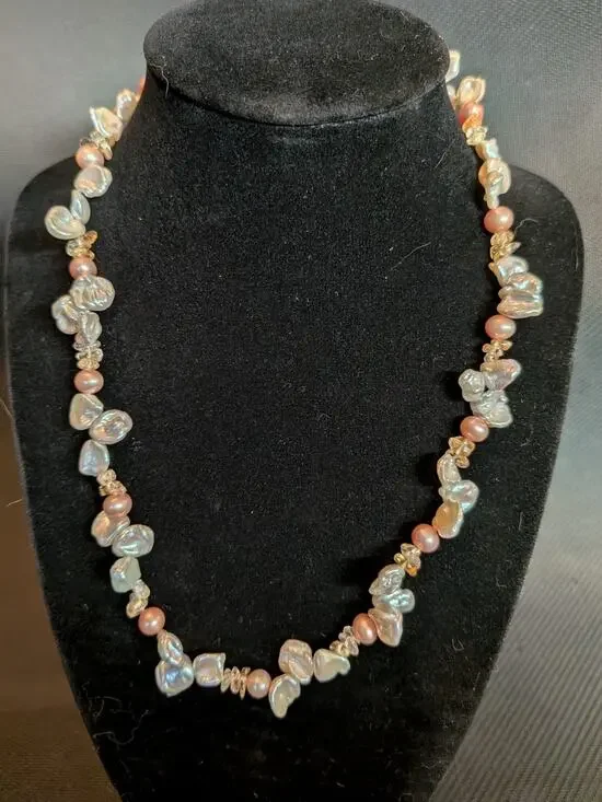 6–7MM White & Peach Freshwater Pearl Citrine Silver Necklace JTV 18
