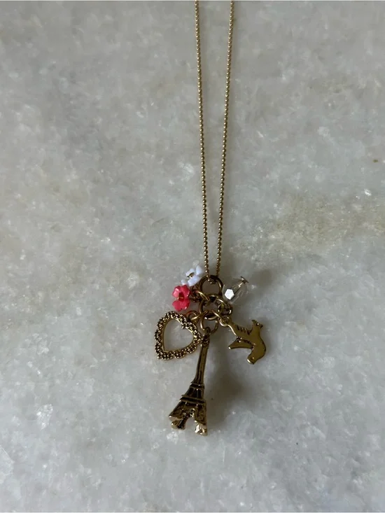 Paris Theme Eiffel Tower Gold Toned Charm Pendant Necklace 19” Parisian Chic