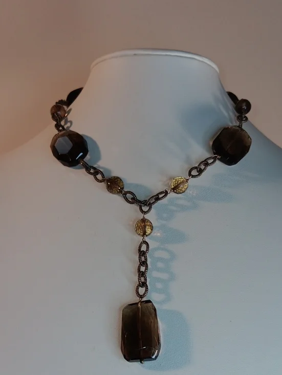 Smoky Brown Faceted Glass Y-Drop Necklace