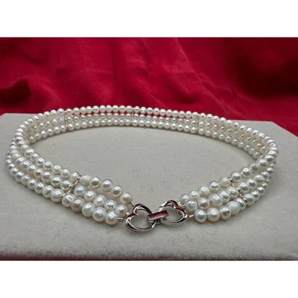 Triple-Strand Freshwater Pearl Collar, 925 sterling silver, White natural pearl