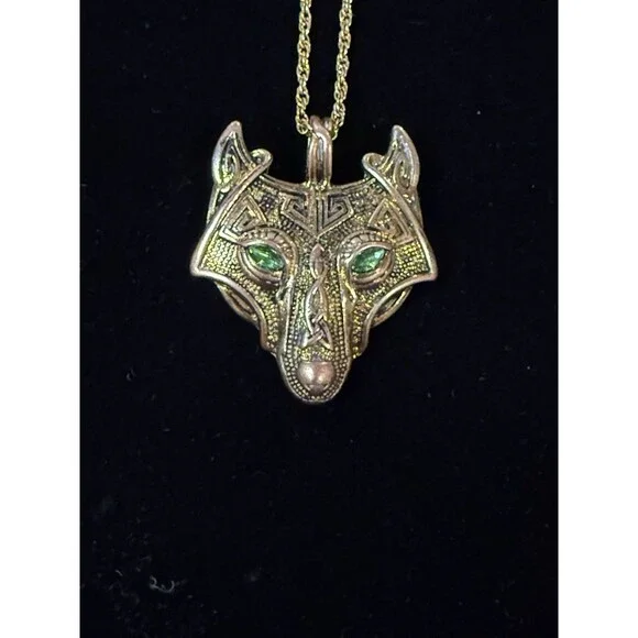 Wolf Head Pendant Bronze Tone Necklace Green Glass Eye Celtic Statement 16”
