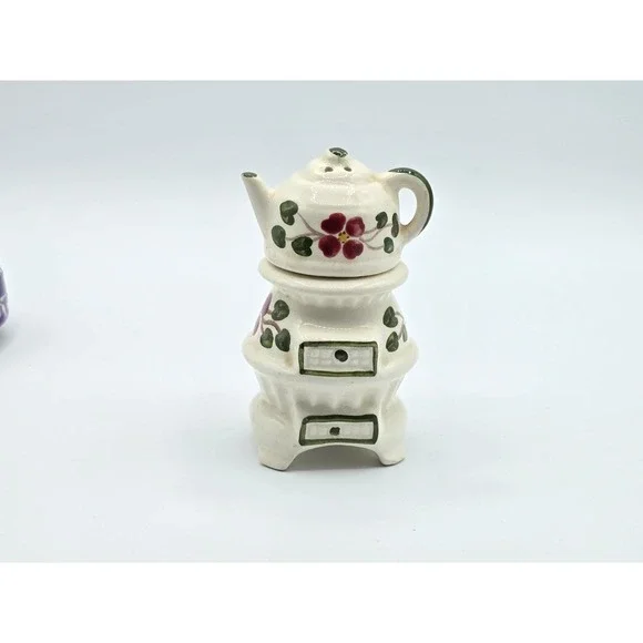Vintage Tea Pot Coffee Kettle‎ Stove Floral Ceramic Salt and Pepper Shakers