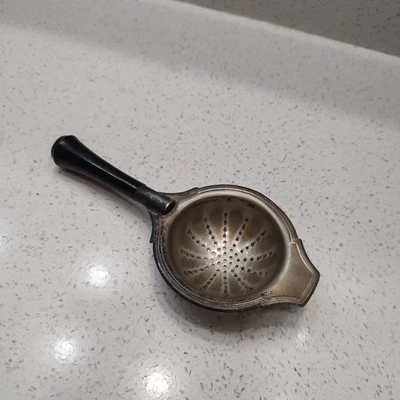 Silver Plated Tea Strainer Spoon Wooden Handle Ornate Mid Century Cottage Core