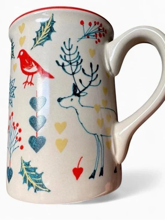Cost Plus World Market holiday Christmas Cream Ceramic Mug reindeer’s, birds
