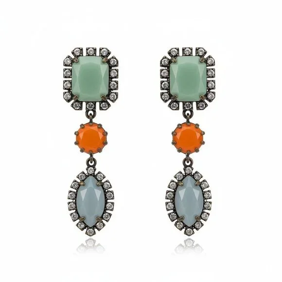 J. Crew Stone Drop Dangle Earrings - Green, Orange & Gray Rhinestone