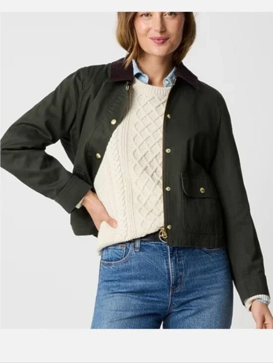 J. Crew Factory Cropped Field Jacket Mossy Green Brown Chore Barn Coat Size M