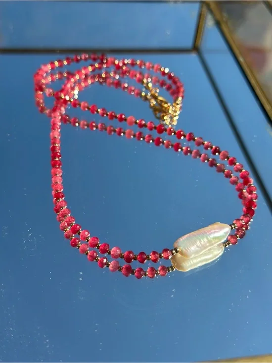 Handmade Ruby Gemstone Beaded Necklace with Baroque Pearl | Artisan Coastal