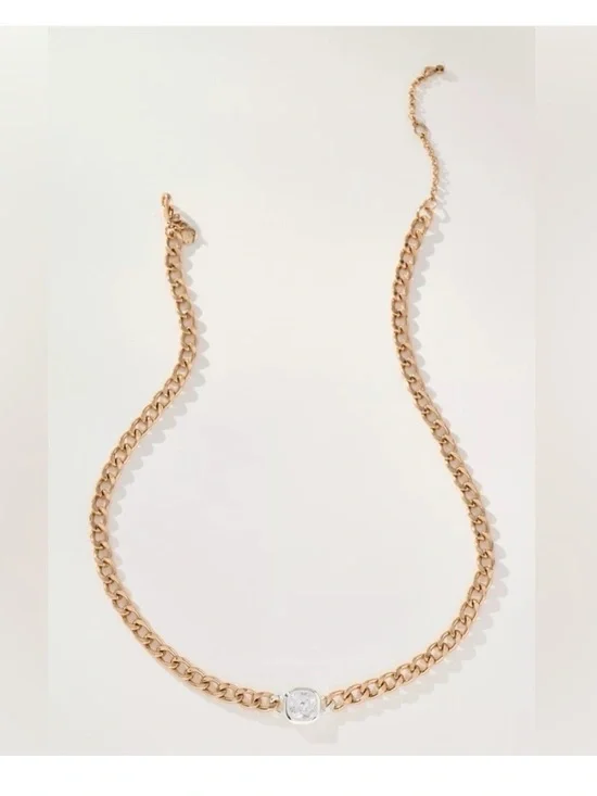 Anthropologie Gold Plated Chain Necklace Bezel Stone Two Tone Chunky New CZ 16”