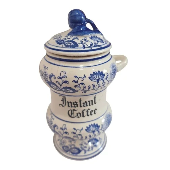 Vintage Blue White Delft Style Instant Coffee Canister Jar Ceramic Lid Crock