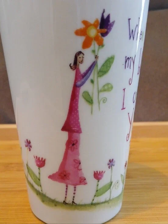 NATURAL LIFE Pink Floral Woman Ceramic Cup with Whimsical Illustration