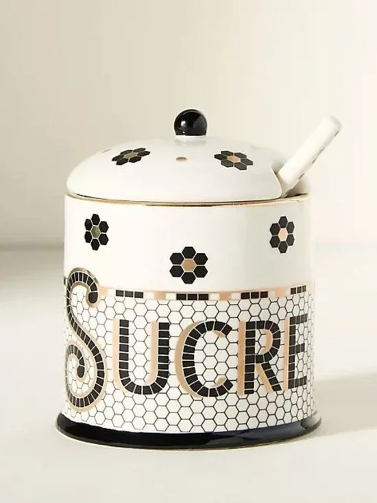 Anthropologie Bistro Tile Decaled Stoneware Sugar Bowl Pot 3 Pcs Set Mosaic New
