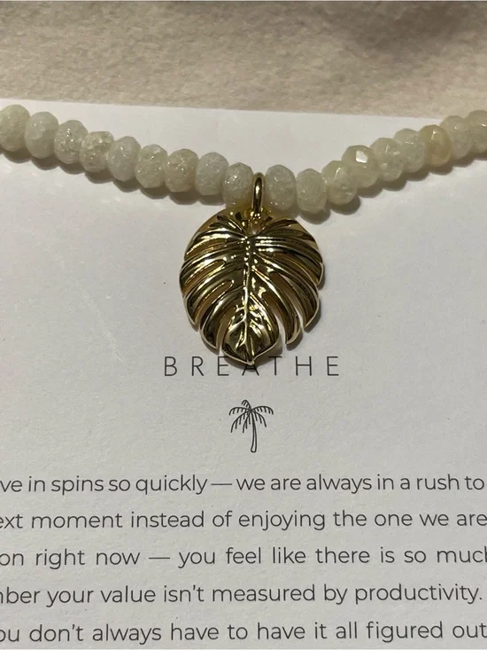 Gold Monstera Leaf Pendant Necklace with Cream Beads