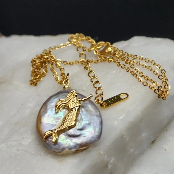 Minimalist Jewelry Mermaid Pendant Natural Pearl 14k Gold plated Necklace