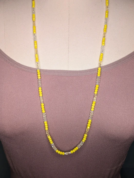 Long Yellow Glass Faceted Crystal Bead Strand Necklace Continuous Endless Strand