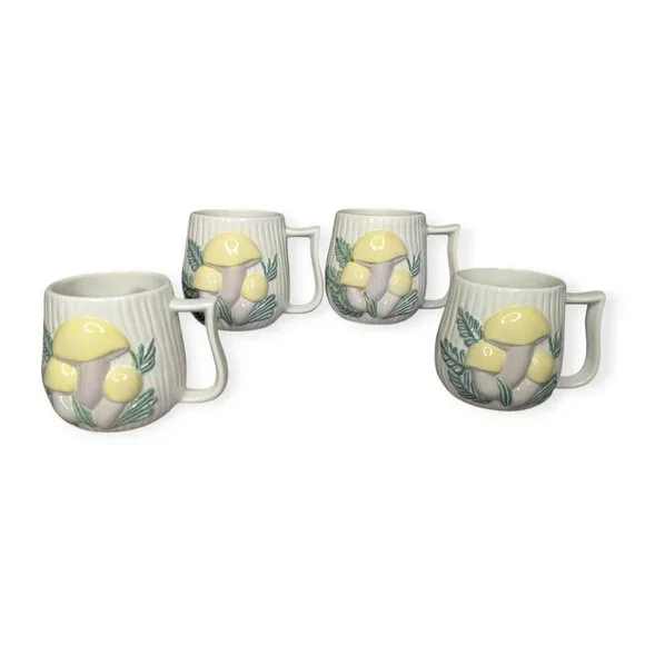 Vintage Ceramic Yellow Mushroom Mugs Set of 4 Signed Jane Roberts 1976