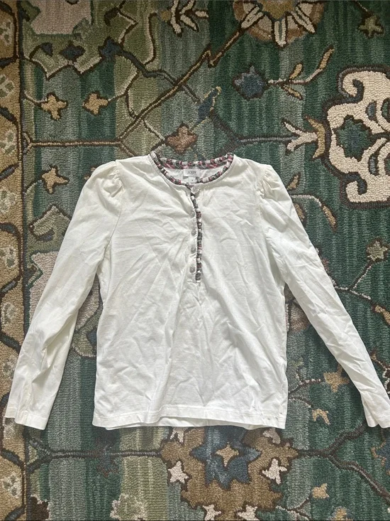 J. Crew White Long-Sleeve Henley with Patterned Trim and sparkle buttons