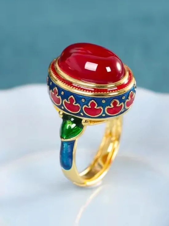 Vintage adjustable Gold-Tone Red Cabochon Multicolor Enamel Statement Ring