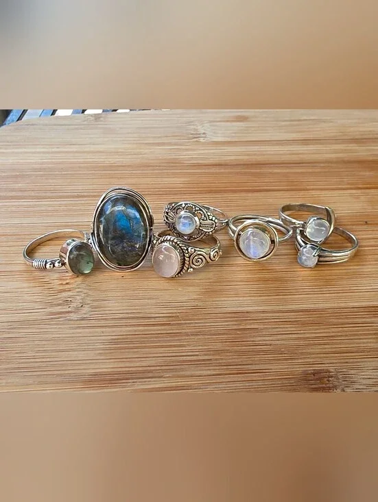 7 Piece 925 Sterling Moonstone Ring Lot Bundle Lot Estate