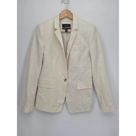 J. Crew Womens Regent Blazer Jacket One Button Ivory Metallic Linen Blend Size 2
